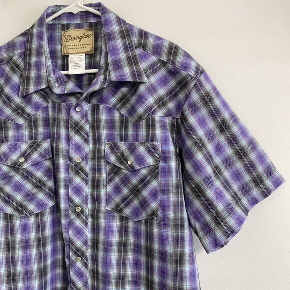 Wrangler Western Shirt Mens XL Purple Black White Blue Plaid Snap Button Front - Picture 2 of 13